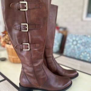Ecco Brown Leather Knee-High Buckle Riding Boots